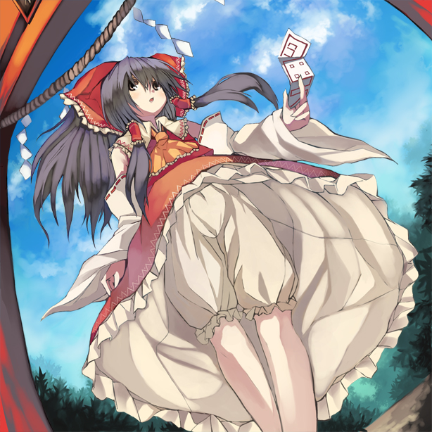 ken (coffee michikusa), hakurei reimu, imperishable night, touhou, bad id, bad pixiv id, 1girl, bloomers, female focus, hair ribbon, japanese clothes, miko, nature, outdoors, plant, ribbon, skirt, sky, solo, underwear, white bloomers