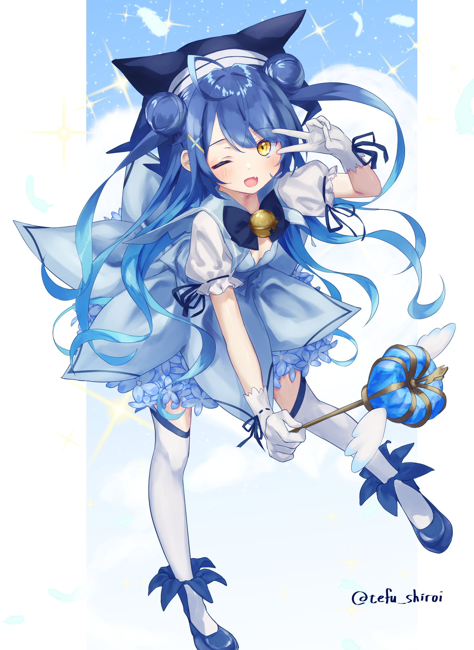 shiroitefu, amamiya kokoro, nijisanji, highres, 1girl, bell, blue bow, blue bowtie, blue hair, bow, bowtie, dress, frilled dress, frills, gloves, holding, holding wand, jingle bell, magical girl, one eye closed, shoes, smile, thighhighs, v, virtual youtuber, wand, white gloves, white thighhighs, yellow eyes