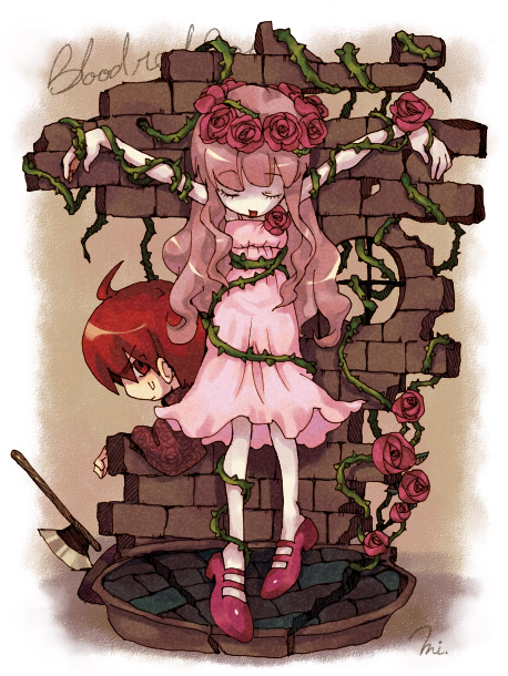 kiris, original, bad id, bad pixiv id, 1boy, 1girl, axe, brick wall, dress, flower, outstretched arms, pink hair, plant, restrained, rose, spread arms, vines, weapon