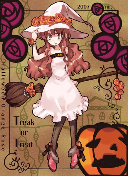 kiris, original, bad id, bad pixiv id, 00s, 1girl, 2007, broom, brown background, brown eyes, brown hair, dress, english text, engrish text, female focus, flower, halloween, hat, jack-o'-lantern, orange flower, orange rose, pantyhose, pumpkin, ranguage, rose, solo, trick or treat, witch hat