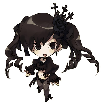 kiris, rosalia, bad id, bad pixiv id, lowres, black eyes, black hair, chibi, drill hair, earrings, flower, goth fashion, jewelry, midriff, rose, solo, twintails