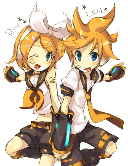 kiris, kagamine len, kagamine rin, vocaloid, bad id, bad pixiv id, 1boy, 1girl, blonde hair, blue eyes, brother and sister, ribbon, siblings, twins