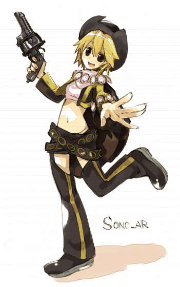 kiris, sonolar, summon night, bad id, bad pixiv id, 1girl, belt, belt skirt, blonde hair, female focus, gun, hat, midriff, solo, thighhighs, weapon