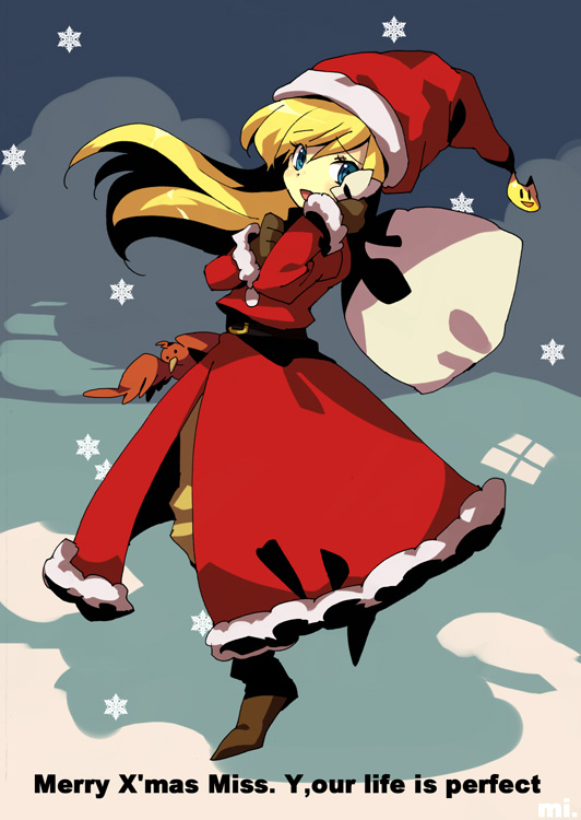 kiris, bad id, bad pixiv id, bird, blonde hair, blue eyes, christmas, english text, engrish text, hat, ranguage, santa costume, solo