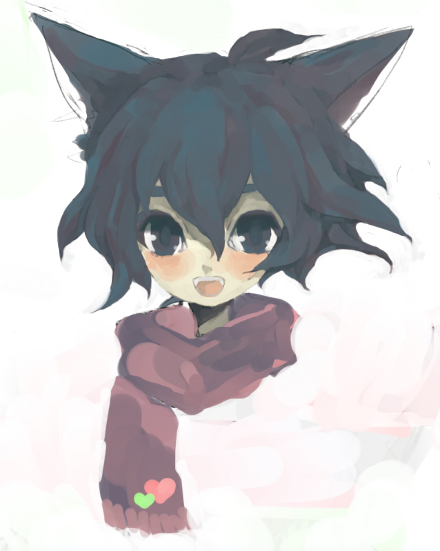dadami, bad id, bad pixiv id, animal ears, blush, cat ears, fangs, scarf, solo