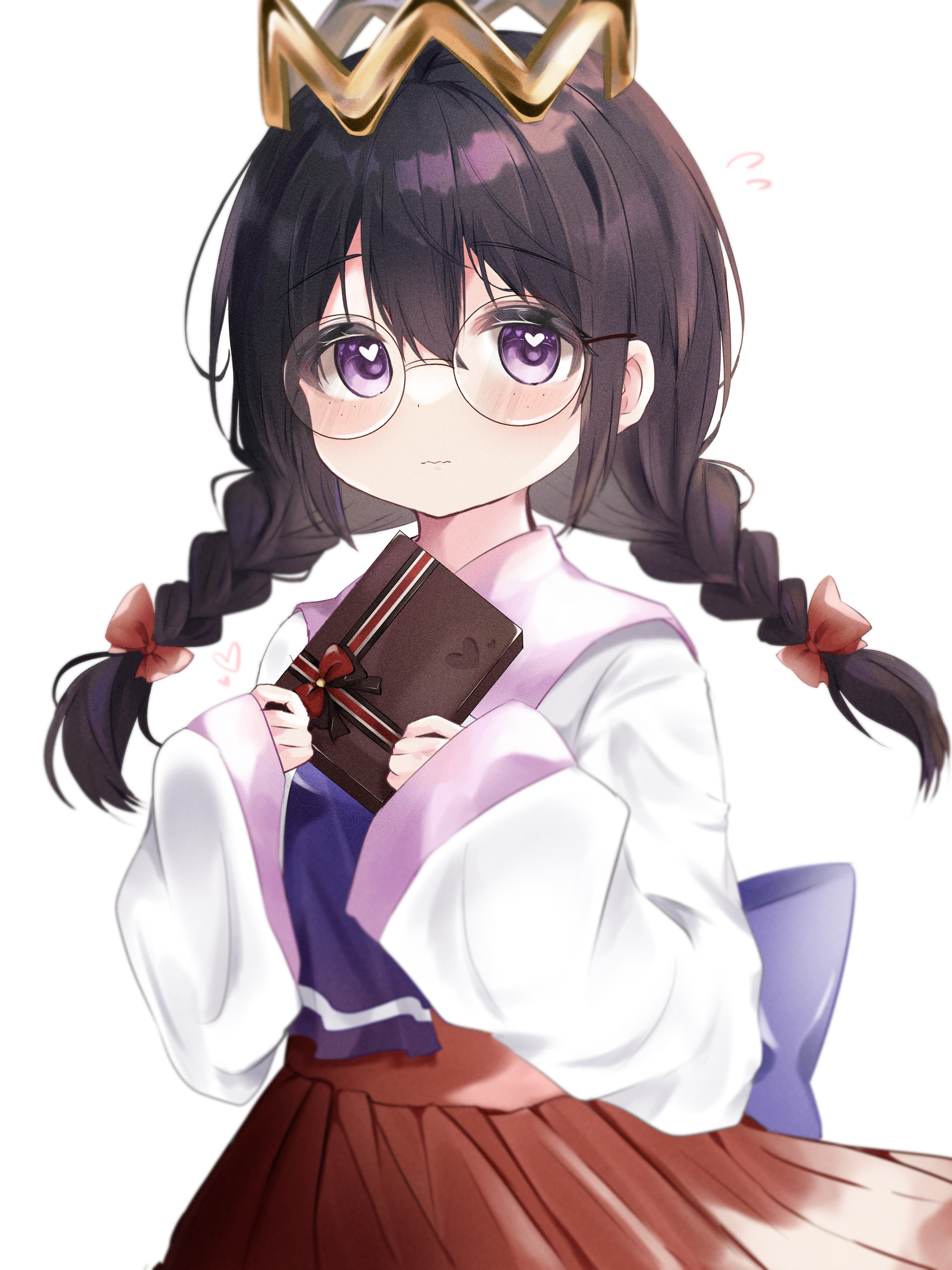 yoake (yoake 04), ripple star queen, kirby (series), kirby 64, nintendo, absurdres, highres, 1girl, black hair, blush, braid, crown, gift, glasses, holding, holding gift, long hair, looking at viewer, low twin braids, purple eyes, red skirt, simple background, skirt, twin braids, white background