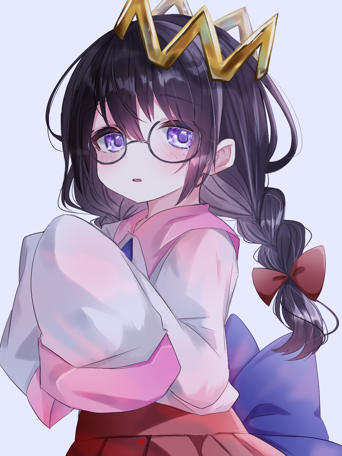 yoake (yoake 04), ripple star queen, kirby (series), kirby 64, nintendo, highres, 1girl, black hair, blush, braid, crown, glasses, grey background, long hair, looking at viewer, low twin braids, parted lips, purple eyes, simple background, sleeves past fingers, sleeves past wrists, twin braids