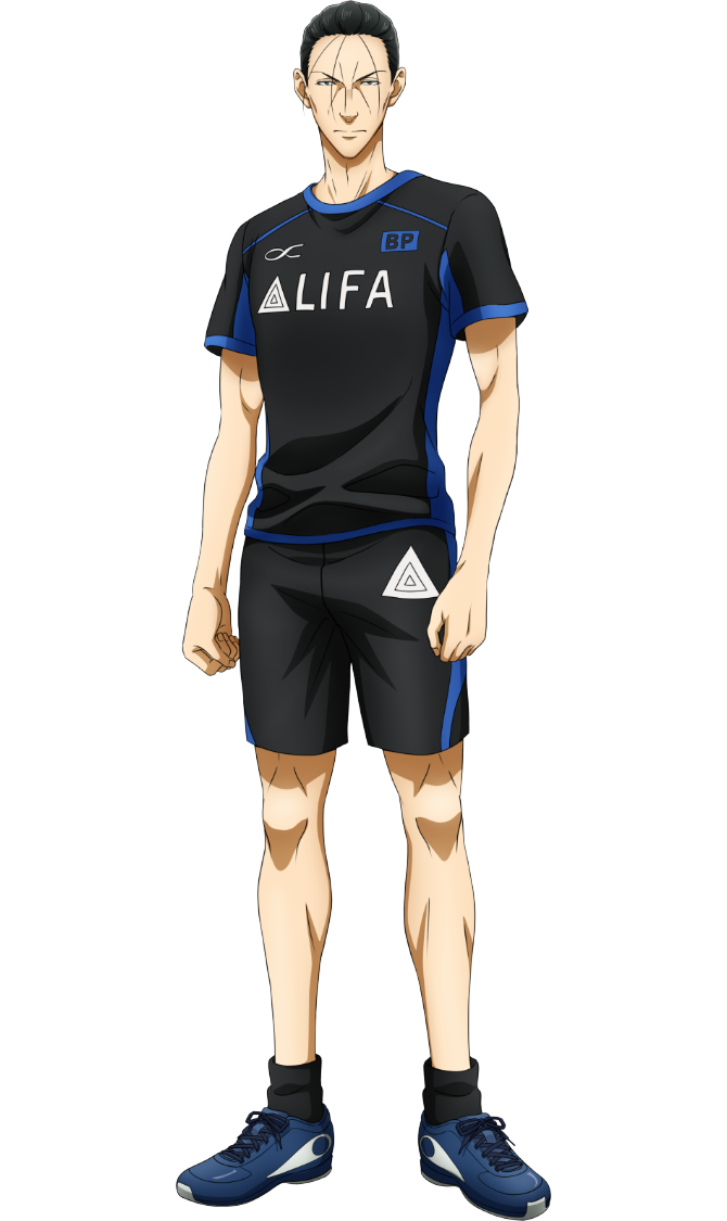 ao ashi, 1boy, anime coloring, black hair, black shirt, black shorts, black socks, blue shoes, clenched hands, closed mouth, date nozomi, english text, full body, hair slicked back, looking at viewer, nakatake manabu, shirt, shoes, short hair, short sleeves, shorts, simple background, soccer uniform, socks, solo, sportswear, standing, transparent background, two-tone shirt, v-shaped eyebrows