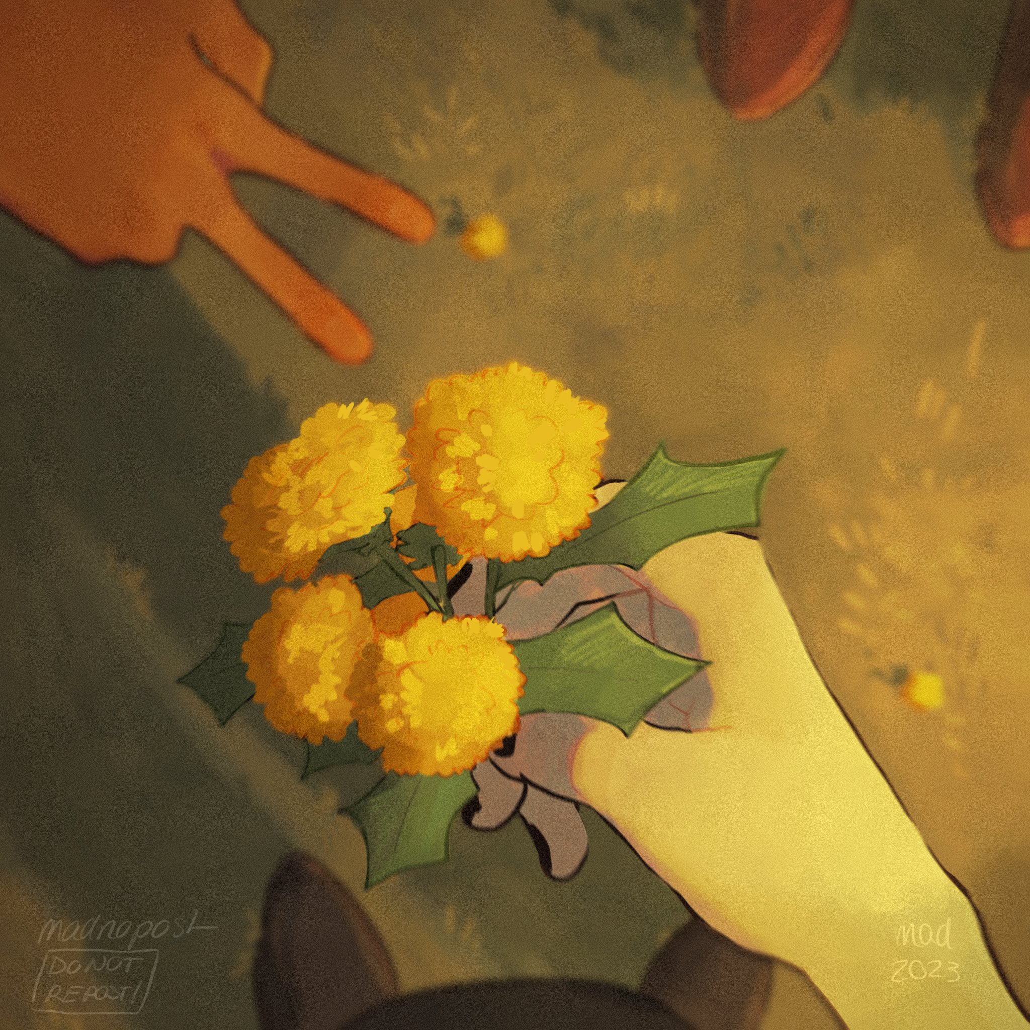 madnopost, kel (faraway) (omori), kel (omori), sunny (omori), omori, highres, 2023, 2boys, artist name, black nails, blurry, blurry background, dandelion, flower, grass, male focus, multiple boys, outdoors, v
