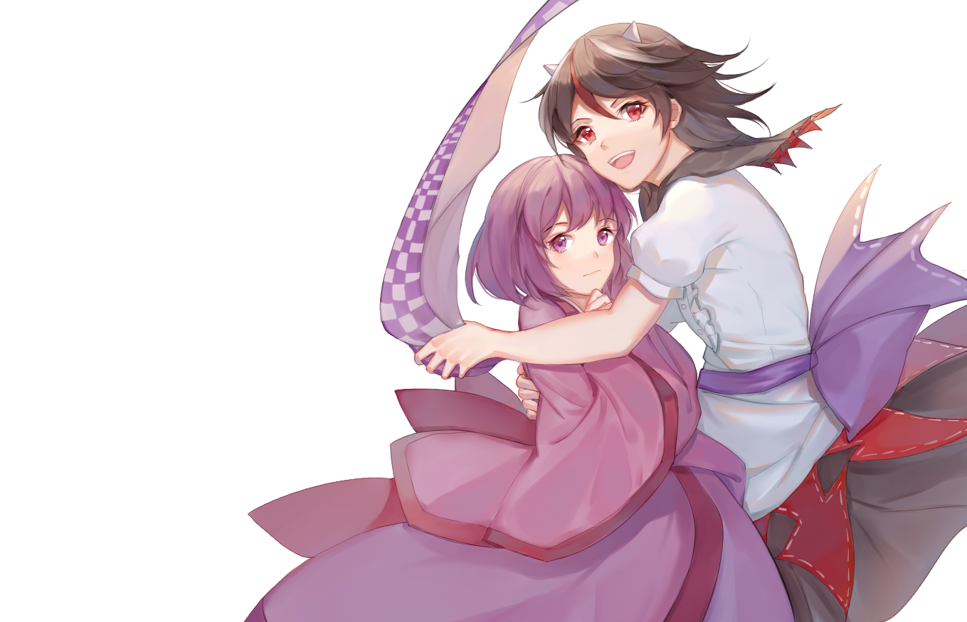 cui ying, kijin seija, sukuna shinmyoumaru, touhou, chinese commentary, commentary request, 2girls, :d, brown hair, closed mouth, hair between eyes, hand on another's back, horns, japanese clothes, kimono, looking at viewer, multicolored hair, multiple girls, open mouth, pink kimono, puffy short sleeves, puffy sleeves, purple eyes, purple hair, red eyes, red hair, ribbon trim, shirt, short hair, short sleeves, simple background, smile, streaked hair, teeth, transparent background, upper teeth only, white horns, white shirt