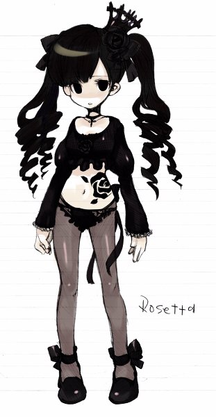 kiris, rosalia, bad id, bad pixiv id, black eyes, black hair, drill hair, flower, lace, midriff, panties, pantyhose, ribbon, rose, solo, twintails, underwear