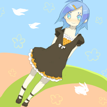 inase, lowres, bird, blue eyes, blue hair, dress, rabbit, ribbon, solo