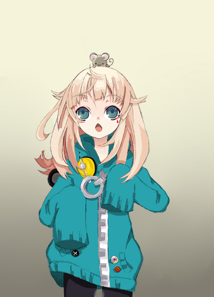 pajama., bad id, bad pixiv id, 00s, 2008, blonde hair, blue eyes, headphones, jacket, mouse (animal), new year, pantyhose, solo