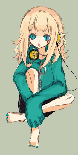 pajama., original, bad id, bad pixiv id, 1girl, :o, blonde hair, blue eyes, female focus, headphones, jacket, jersey, nail polish, solo, toenail polish, toenails, track jacket