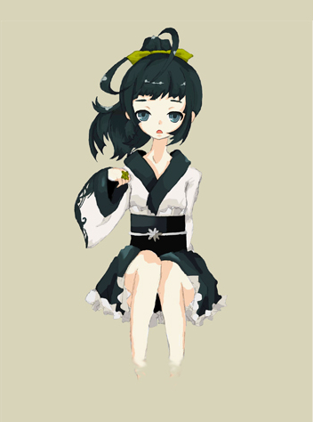 pajama., original, bad id, bad pixiv id, lowres, black hair, cutoffs, denim, denim shorts, japanese clothes, ponytail, ribbon, shorts, solo