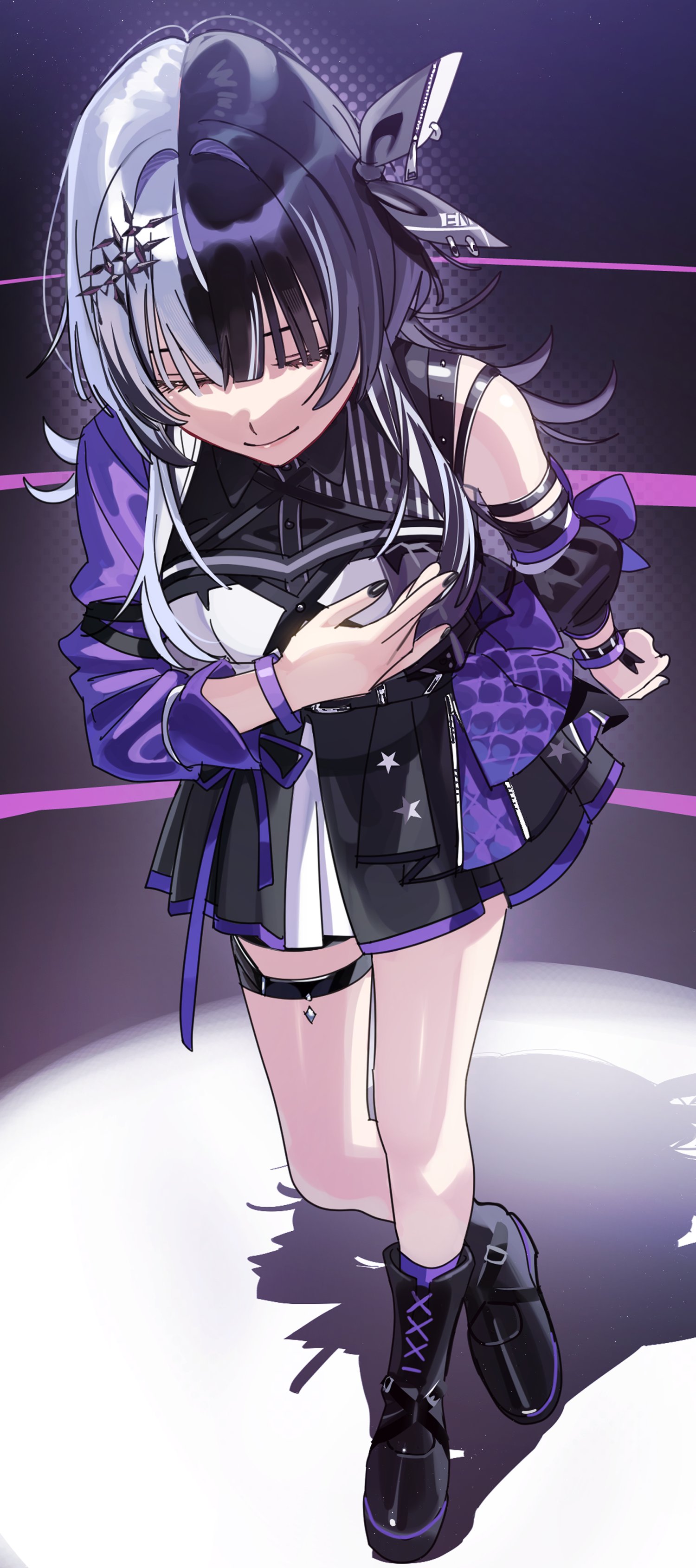 yomosaka, shiori novella, hololive, hololive english, absurdres, hashtag-only commentary, highres, 1girl, ankle boots, asymmetrical clothes, black boots, black dress, black hair, black nails, black ribbon, boots, bowing, closed eyes, closed mouth, crossed ankles, detached sleeves, dress, full body, grey hair, hair ornament, hair ribbon, hand on own chest, hololive idol uniform (color rise), idol clothes, multicolored hair, nail polish, official alternate costume, ribbon, shadow, single detached sleeve, single sleeve, smile, solo, split-color hair, standing, star (symbol), thigh strap, two-tone hair, very long fingernails, virtual youtuber, zipper
