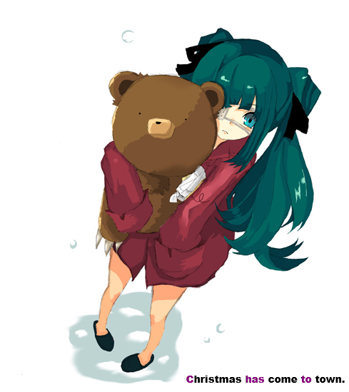 pajama., original, bad id, bad pixiv id, blue eyes, blue hair, eyepatch, green hair, ribbon, shirt, solo, stuffed animal, stuffed toy, teddy bear, twintails