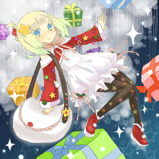 inase, original, bad id, bad pixiv id, 1girl, bag, blonde hair, blue eyes, christmas, cloud, female focus, gift, pantyhose, short hair, solo, star (symbol)