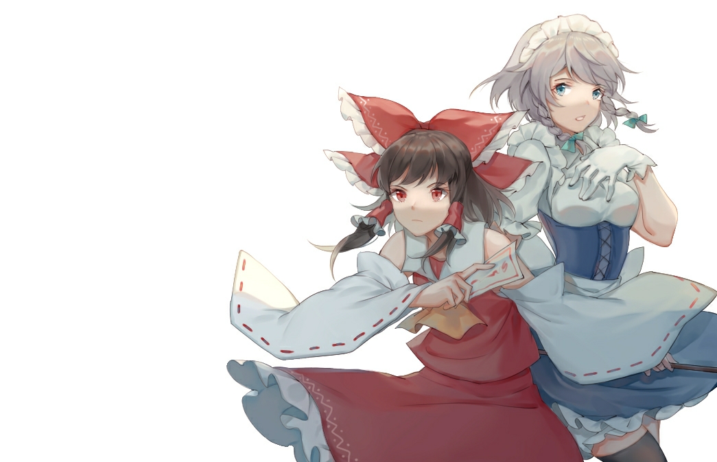 cui ying, hakurei reimu, izayoi sakuya, touhou, chinese commentary, commentary request, 2girls, ascot, bare shoulders, black thighhighs, blue eyes, blue skirt, bow, braid, brown hair, closed mouth, cowboy shot, detached sleeves, frilled bow, frilled skirt, frills, gloves, green bow, grey hair, hair bow, holding, long sleeves, looking at viewer, maid, maid headdress, medium hair, multiple girls, parted lips, red bow, red eyes, red shirt, red skirt, ribbon-trimmed sleeves, ribbon trim, shirt, short hair, side braids, simple background, skirt, sleeveless, sleeveless shirt, standing, thighhighs, twin braids, underbust, white background, white gloves, white shirt, white sleeves, wide sleeves, yellow ascot