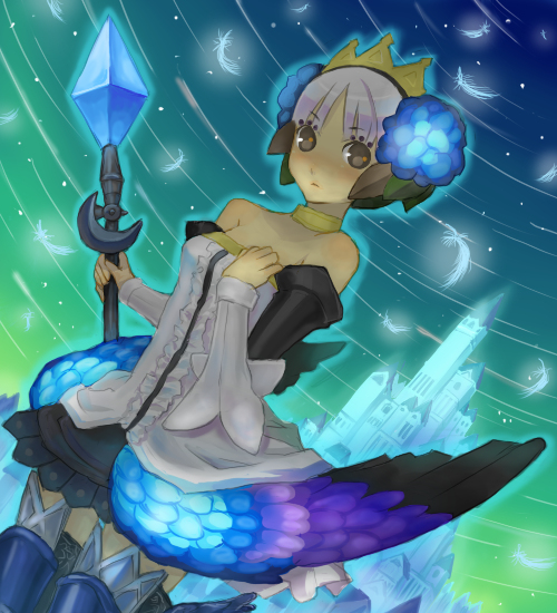 inase, gwendolyn (odin sphere), odin sphere, bad id, bad pixiv id, 1girl, aqua background, armor, armored dress, blue background, castle, crown, dress, feathers, female focus, gradient background, green background, hat, multicolored wings, polearm, solo, spear, strapless, strapless dress, thighhighs, weapon, wings