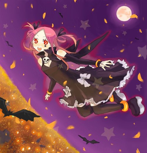 inase, original, bad id, bad pixiv id, bat (animal), bat wings, black thighhighs, dress, full moon, halloween, moon, pink hair, red eyes, ribbon, solo, thighhighs, wings