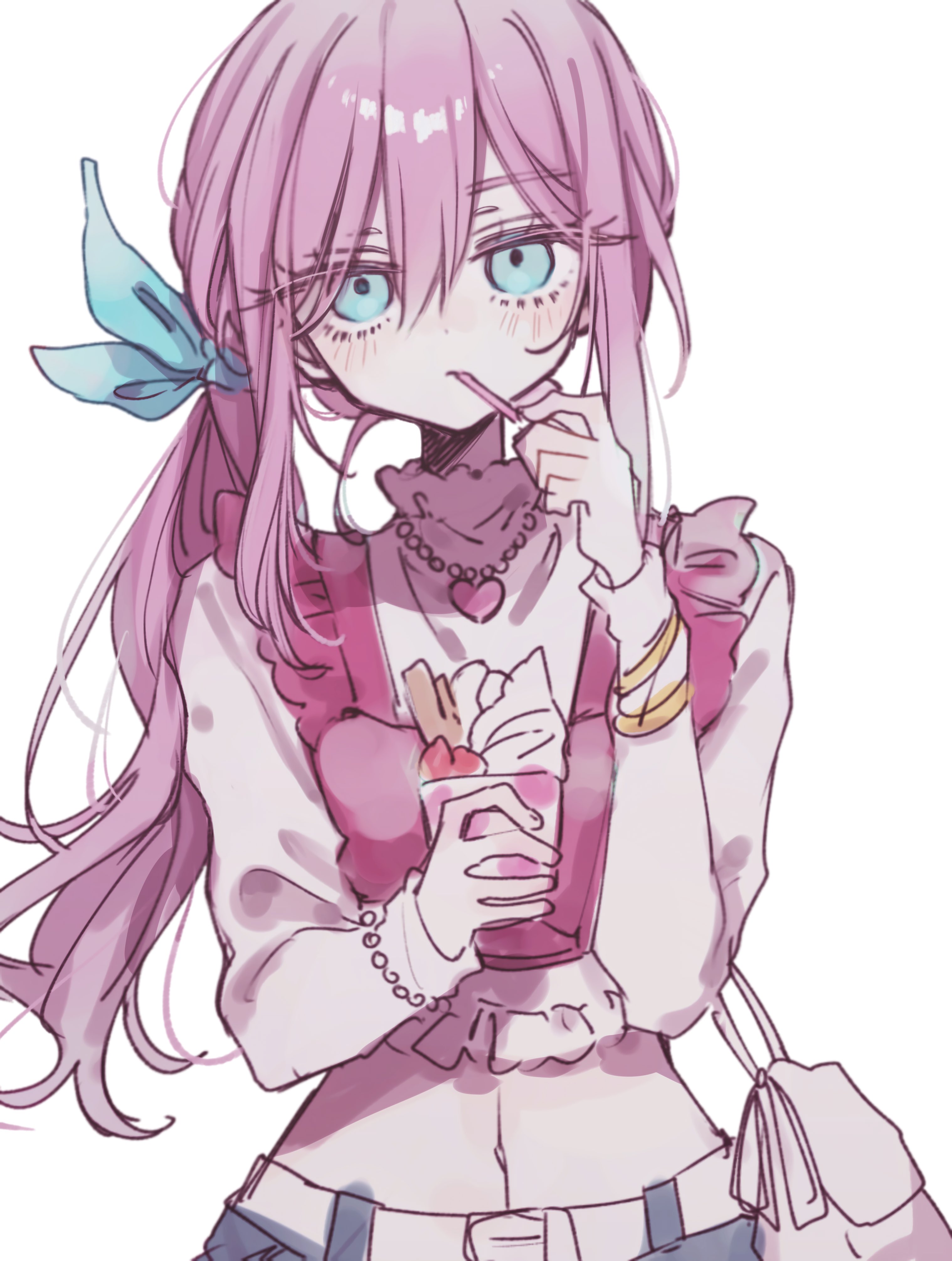 hanabata0320, aubrey (faraway) (omori), aubrey (omori), omori, absurdres, commentary, highres, symbol-only commentary, 1girl, bag, belt, blue bow, blue eyes, blue pants, blush, bow, bracelet, camisole, chocolate, closed mouth, colored eyelashes, cup, denim, dot nose, double-parted bangs, eating, elbow carry, expressionless, eyelashes, eyes visible through hair, food, food in mouth, frilled camisole, frilled shirt, frills, fruit, hair between eyes, hair bow, handbag, hands up, heart, heart necklace, holding, holding cup, holding food, holding pocky, ice cream, jeans, jewelry, long hair, long sleeves, looking at viewer, low side ponytail, midriff, navel, necklace, official alternate costume, official alternate hairstyle, pants, pearl bracelet, pearl necklace, pink camisole, pocky, pocky in mouth, ribbon, shirt, simple background, solo, straight-on, strawberry, upper body, upturned eyes, white background, white bag, white belt, white shirt