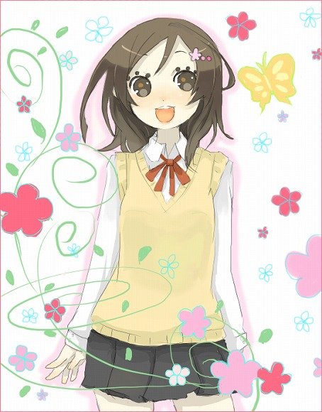 inase, original, bad id, bad pixiv id, brown eyes, brown hair, bug, butterfly, flower, insect, miniskirt, school uniform, serafuku, skirt, solo