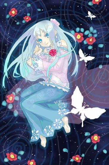 inase, original, bad id, bad pixiv id, barefoot, blue eyes, blue hair, bug, butterfly, dress, flower, insect, long hair, solo, water