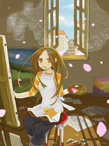 inase, original, bad id, bad pixiv id, lowres, 1girl, :d, apron, brown eyes, brown hair, canvas (object), cherry blossoms, curtains, easel, female focus, floating curtains, hair ornament, hairclip, indoors, long hair, looking at viewer, open mouth, open window, paint palette, painting (action), painting (object), pants, see-through clothes, shirt, sitting, smile, solo, star (symbol), star print, stool, striped clothes, striped shirt, wind, window