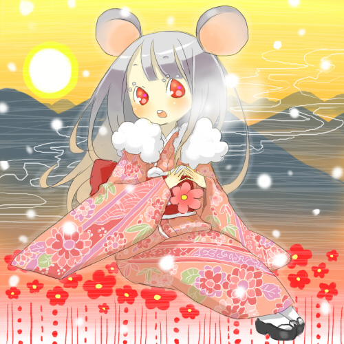 inase, lowres, 00s, 2008, animal ears, flower, japanese clothes, mouse ears, new year, solo