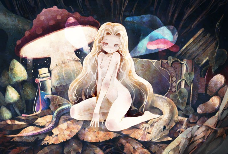 chiyono nanimaru, nc, bad id, bad pixiv id, copyright request, 1girl, barefoot, blonde hair, fairy, female focus, flat chest, lizard, loli, long hair, mini person, minigirl, mushroom, nipples, nude, solo