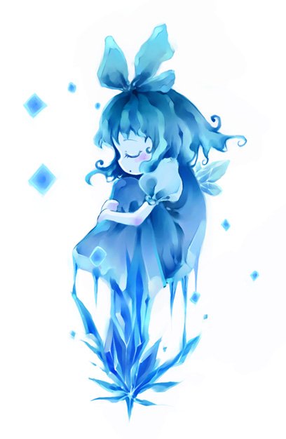 chiyono nanimaru, nc, cirno, touhou, bad id, bad pixiv id, 1girl, blue theme, dress, fairy, female focus, monochrome, ribbon, simple background, solo, spot color, white background