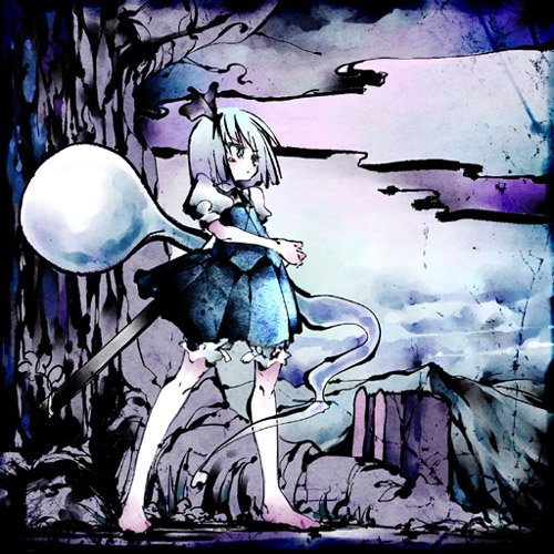 chiyono nanimaru, nc, konpaku youmu, konpaku youmu (ghost), touhou, bad id, bad pixiv id, lowres, 1girl, barefoot, dress, female focus, hitodama, solo
