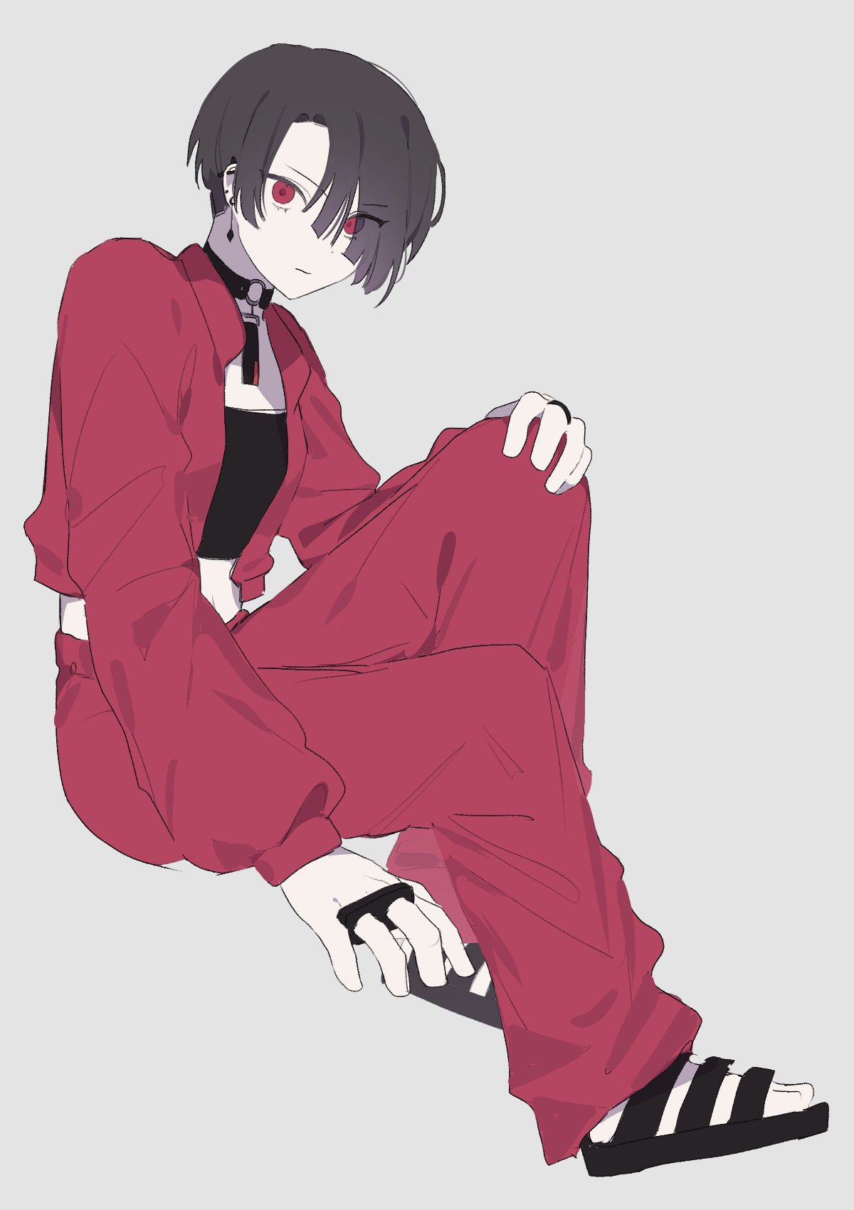 yuzuriha kotoko, milgram, highres, 1girl, asymmetrical bangs, black choker, black hair, black sandals, black shirt, choker, closed mouth, collar, collared jacket, ear piercing, earrings, fanged bangs, grey background, hair over one eye, helix, invisible chair, jacket, jewelry, li0mil, long sleeves, looking at viewer, midriff, multiple earrings, open clothes, pants, parted bangs, piercing, pink jacket, pink pants, red eyes, ring, ringed eyes, sandals, shirt, short hair, simple background, sitting, sleeve cuffs, sleeves past wrists, solo, sports bra, very short hair