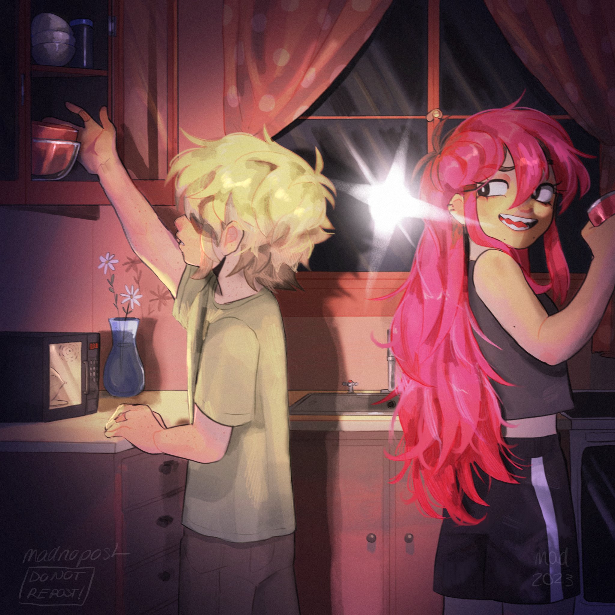 madnopost, aubrey (faraway) (omori), aubrey (omori), basil (faraway) (omori), basil (omori), omori, highres, 1boy, 1girl, alternate costume, antenna hair, arm up, black eyes, black shorts, bowl, brown shorts, camera flash, ear piercing, faucet, flower, green shirt, indoors, long hair, looking at another, microwave, mole, mole under mouth, multicolored hair, piercing, pink hair, roots (hair), sharp teeth, shirt, short hair, shorts, sidelocks, sink, t-shirt, teeth, vase, window
