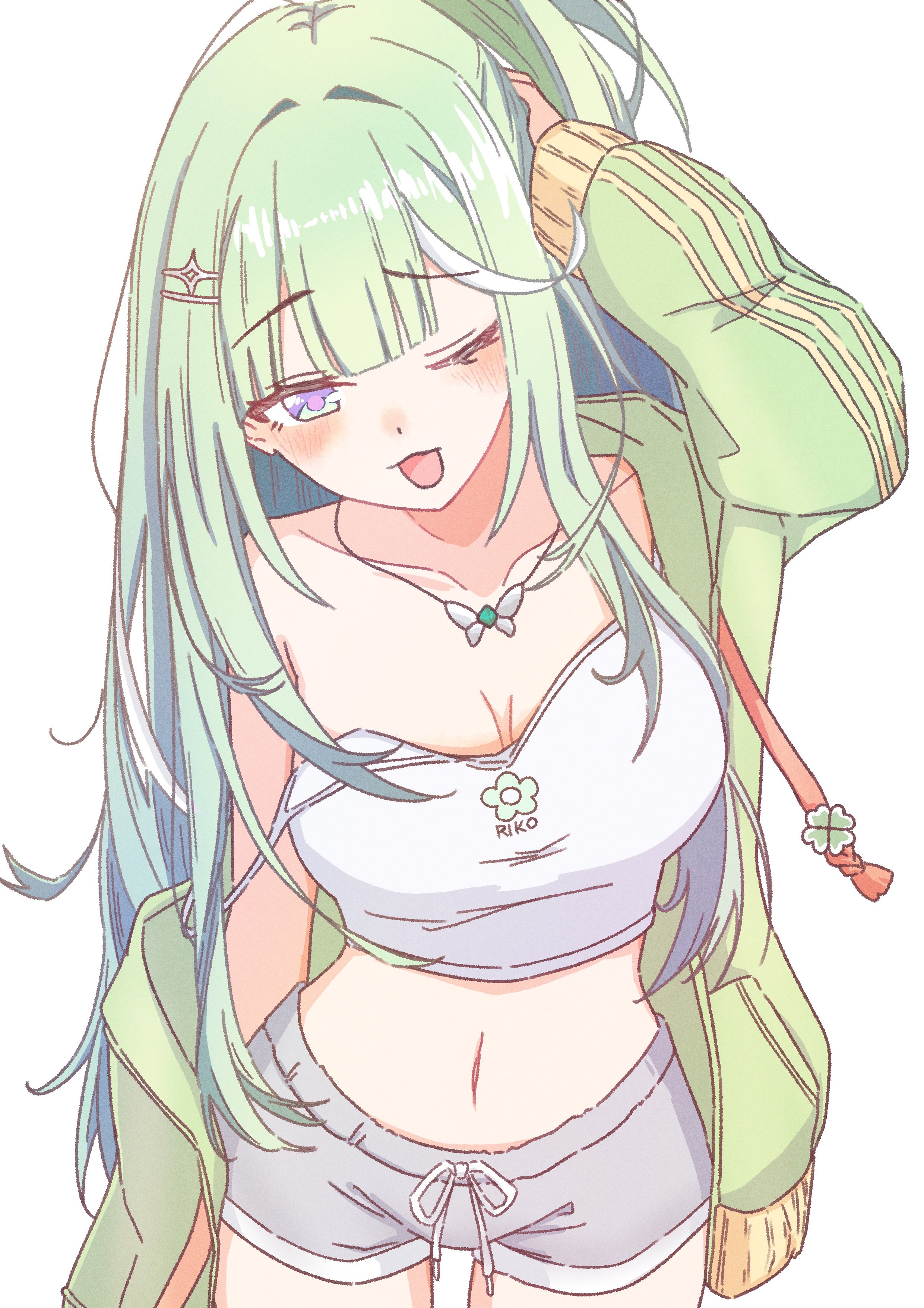 chaeeunhan124, yuzuha riko, stellive, absurdres, commentary request, highres, korean commentary, 1girl, arm at side, arm up, blush, breasts, butterfly necklace, camisole, center-flap bangs, character name, cleavage, collarbone, cowboy shot, crop top, diamond hair ornament, green hair, green jacket, grey shorts, hair ornament, hairclip, hand in own hair, jacket, large breasts, long hair, long sleeves, midriff, multicolored hair, navel, off shoulder, one eye closed, open mouth, print camisole, purple eyes, short shorts, shorts, simple background, smile, solo, standing, straight hair, strap slip, streaked hair, very long hair, virtual youtuber, white background, white camisole, white streaks
