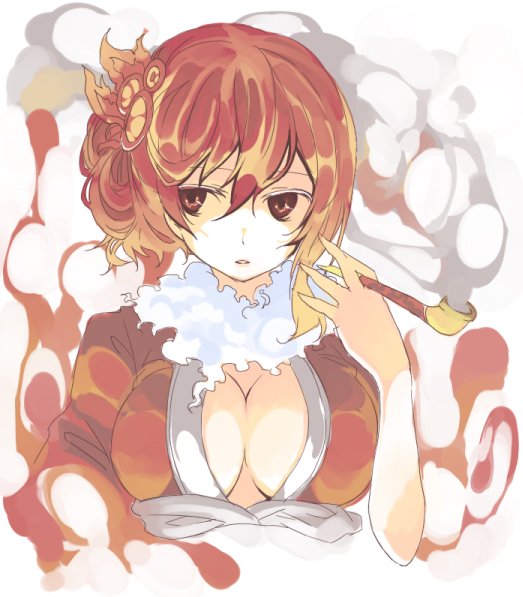 k (li), moegami, ookami (game), bad id, bad pixiv id, 1girl, breasts, female focus, holding, holding smoking pipe, kiseru, large breasts, looking at viewer, personification, red eyes, red hair, smoking, smoking pipe, solo