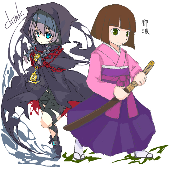 k (li), bushidou (sekaiju), bushidou 4 (sekaiju), curse maker, curse maker 2, atlus, etrian odyssey, looking away, 2girls, back-to-back, bell, bike shorts, blue eyes, blunt bangs, bob cut, boots, braid, brown hair, chain, cloak, fighting stance, flat chest, goth fashion, green eyes, grey hair, hakama, hakama skirt, holding, holding sword, holding weapon, hood, japanese clothes, jewelry, kimono, leg lift, long hair, looking at viewer, looking back, multiple girls, necklace, obi, oekaki, ready to draw, sandals, sash, sheath, short hair, signature, simple background, skirt, smile, socks, spread legs, standing, standing on one leg, strap, sword, tabi, tiptoes, twin braids, weapon, wind, wind lift
