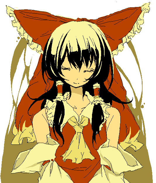 k (li), hakurei reimu, touhou, 1girl, female focus, japanese clothes, miko, oekaki, ribbon, simple background, solo, upper body, white background
