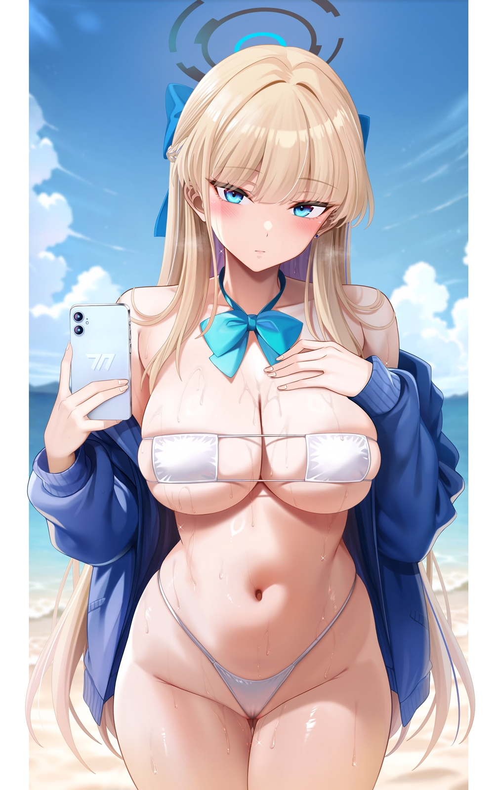 oni-noboru, toki (blue archive), blue archive, highres, 1girl, alternate costume, aqua bow, aqua bowtie, beach, bikini, blue eyes, blue halo, blue jacket, blue sky, blush, bow, bowtie, breasts, cellphone, cleavage, closed mouth, cloud, colored inner hair, cowboy shot, day, eyepatch bikini, gluteal fold, halo, highleg, highleg bikini, holding, holding phone, jacket, jacket partially removed, large breasts, long hair, long sleeves, looking at viewer, multicolored hair, navel, ocean, official alternate hairstyle, open clothes, open jacket, outdoors, phone, pillarboxed, purple hair, sideboob, skindentation, sky, smartphone, solo, stomach, swimsuit, underboob, water, wet, white bikini