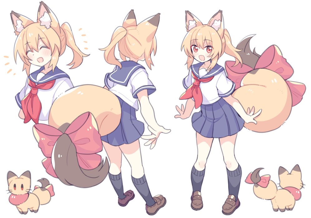 suzuno (suzuno3110), original, 1girl, ^ ^, animal ear fluff, animal ears, animalization, black socks, blonde hair, blue sailor collar, blue skirt, bow, brown shoes, closed eyes, fox ears, fox girl, fox tail, from behind, full body, large bow, loafers, looking at viewer, miniskirt, multiple views, neckerchief, open mouth, person and animalization, pleated skirt, ponytail, red bow, red eyes, red neckerchief, sailor collar, school uniform, serafuku, shirt, shoes, short sleeves, simple background, skirt, smile, socks, tail, tail bow, tail ornament, white background, white shirt