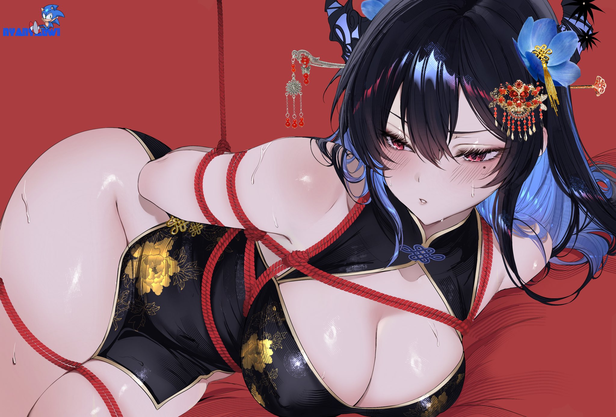 nyanyaqwi, nerissa ravencroft, hololive, hololive english, highres, 1girl, bdsm, black dress, black hair, black horns, blue flower, blue hair, blush, bondage, bound, breasts, china dress, chinese clothes, cleavage, colored inner hair, dress, floral print, floral print dress, flower, hair flower, hair ornament, hair stick, horns, large breasts, long hair, mole, mole under eye, multicolored hair, print dress, red eyes, rope, solo, sweat, virtual youtuber