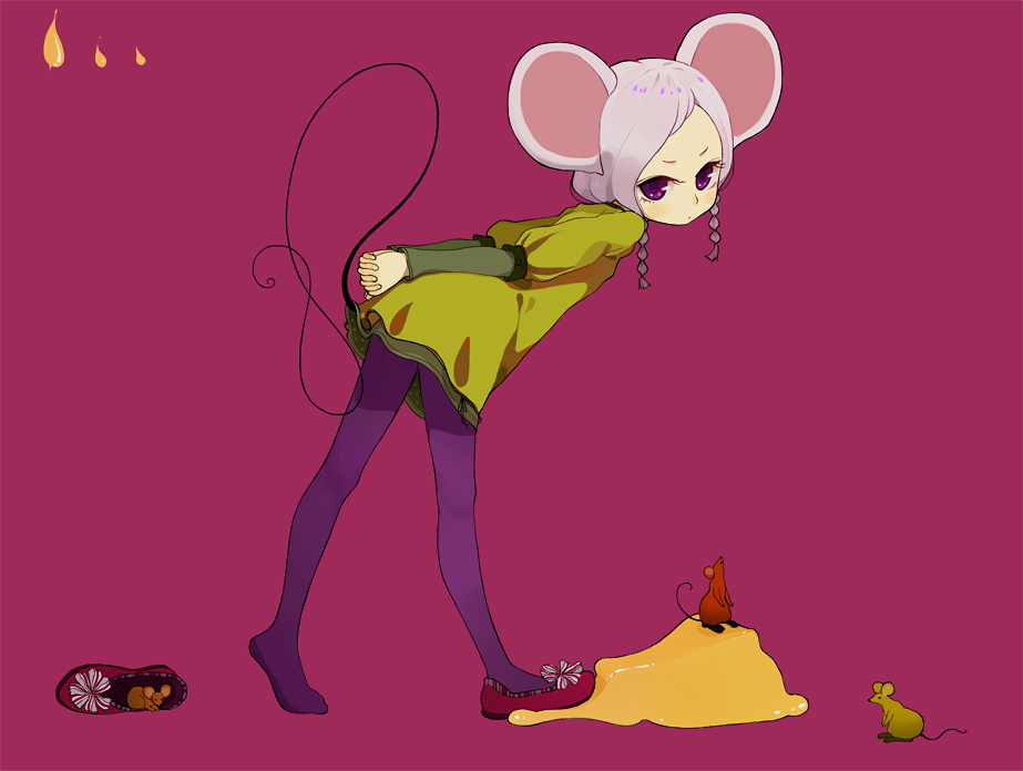 ichikawa, original, 1girl, animal ears, braid, cheese, female focus, food, mouse (animal), mouse ears, pantyhose, purple eyes, purple pantyhose, solo, tail