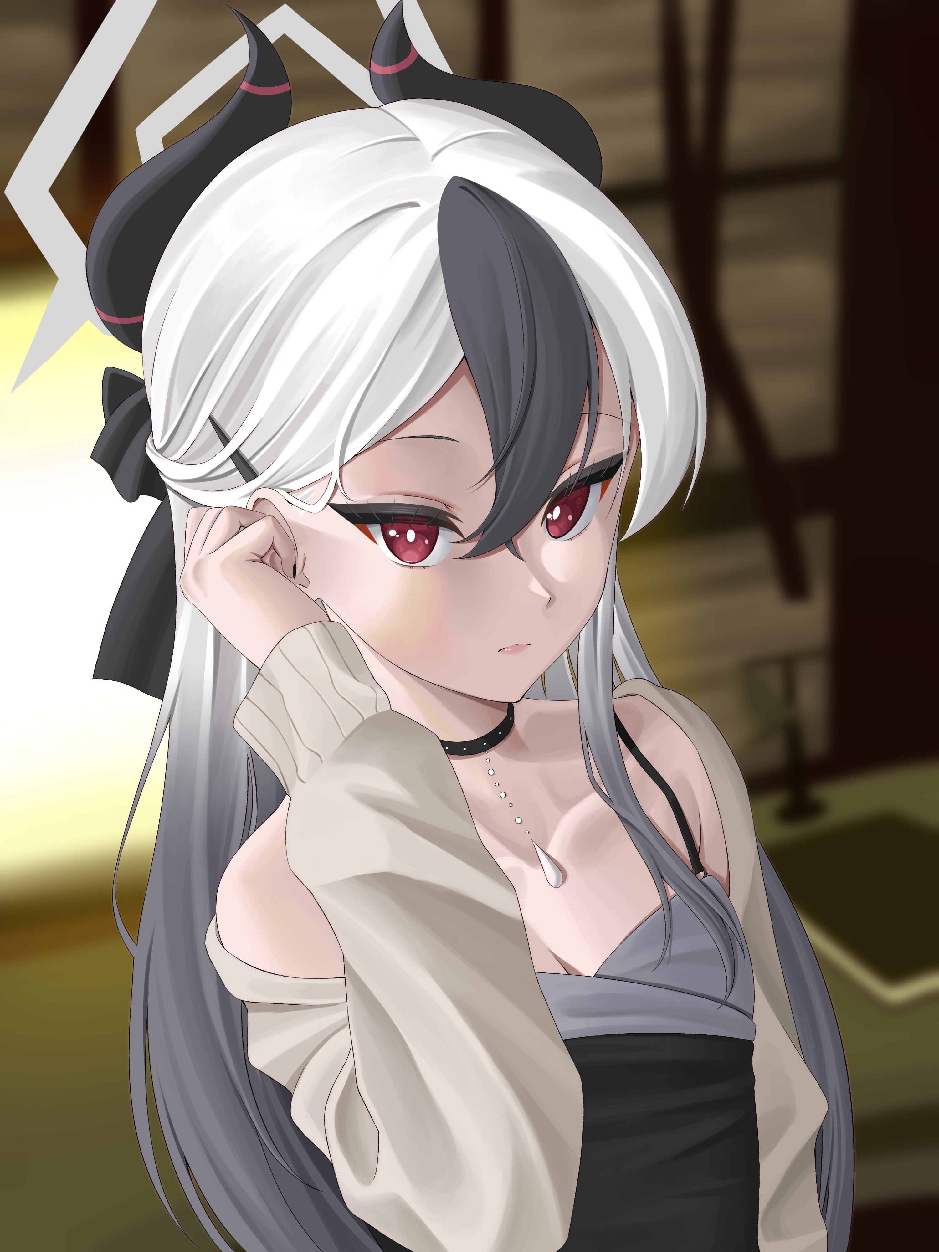 nagamma, kayoko (blue archive), kayoko (dress) (blue archive), blue archive, 1girl, adjusting hair, black dress, black hair, blurry, blurry background, blush, breasts, closed mouth, collarbone, dress, female focus, from above, gradient hair, grey hair, grey halo, halo, hand up, indoors, jewelry, long sleeves, looking at viewer, looking up, multicolored hair, necklace, open clothes, open sweater, red eyes, serious, single bare shoulder, small breasts, solo, sweater, two-tone dress, upper body, white hair, white sweater