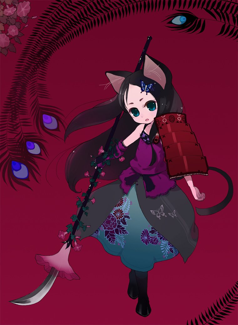 ichikawa, original, jpeg artifacts, 1girl, animal ears, armor, black hair, blue eyes, bug, butterfly, cat ears, cat tail, dress, female focus, flower, insect, morning glory, red background, solo, tail, weapon