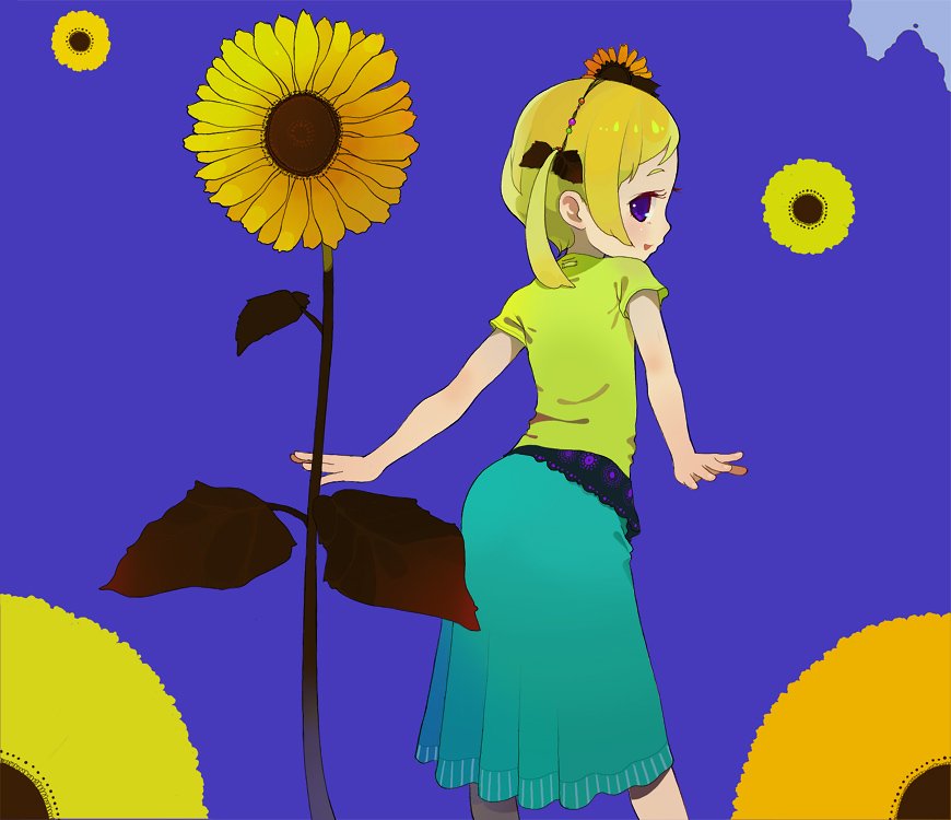 ichikawa, blonde hair, flower, looking back, purple eyes, ribbon, solo, sunflower