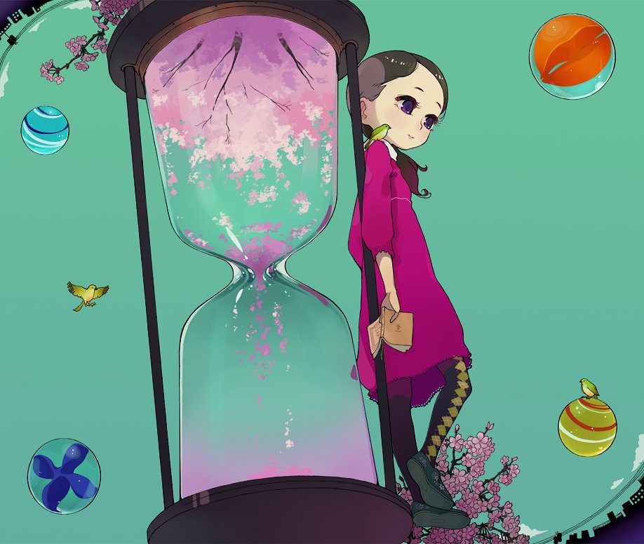 ichikawa, original, marble, jpeg artifacts, bird, brown hair, dress, hourglass, purple eyes, thighhighs