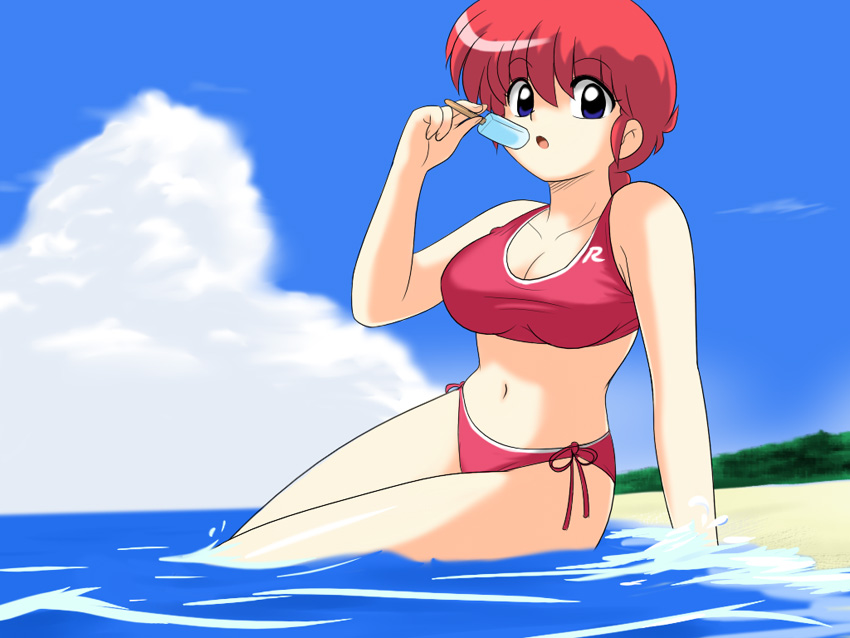 kj (k777), ranma-chan, saotome ranma, ranma 1/2, 1girl, beach, bikini, blue eyes, braid, braided ponytail, breasts, day, female focus, food, genderswap, genderswap (mtf), ice cream, large breasts, looking at viewer, ocean, outdoors, popsicle, red bikini, red hair, side-tie bikini bottom, single braid, solo, swimsuit