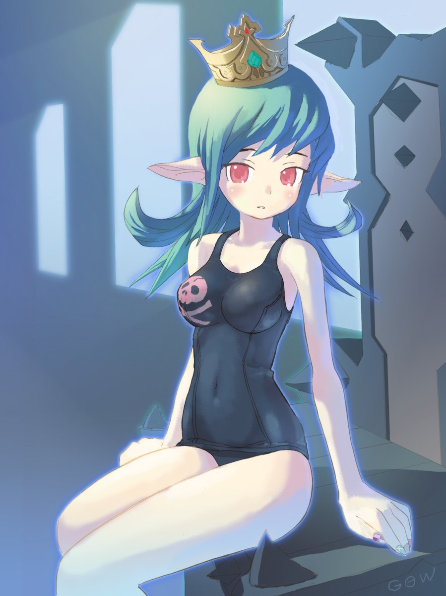 tougetsu gou, bad id, bad pixiv id, highres, 1girl, breasts, crown, elf, female focus, green hair, hat, medium breasts, one-piece swimsuit, pointy ears, red eyes, school swimsuit, skull, skull and crossbones, solo, swimsuit