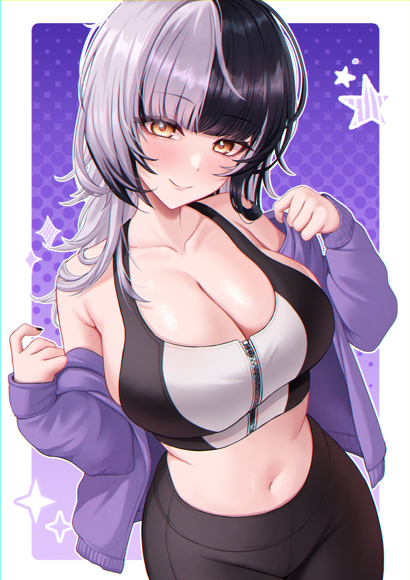 velvet noir, shiori novella, hololive, hololive english, highres, 1girl, alternate costume, black hair, black nails, black pants, breasts, cleavage, closed mouth, crop top, grey hair, jacket, long hair, looking at viewer, multicolored hair, navel, pants, purple jacket, smile, solo, split-color hair, star (symbol), two-tone hair, virtual youtuber, yellow eyes, yoga pants, zipper